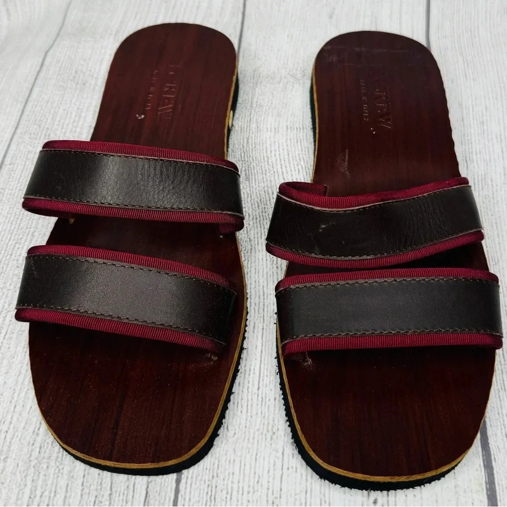 J.Crew Brown Wood Leather 2 Strap Sandals Size 6